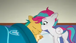 Size: 7680x4320 | Tagged: safe, artist:qeinone, derpibooru import, hitch trailblazer, zipp storm, earth pony, pegasus, pony, g5, my little pony: tell your tale, alternate hairstyle, bed, blanket, duo, duo male and female, ear piercing, earring, female, image, jewelry, kissing, male, mare, piercing, png, ship:stormblazer, shipping, sleeping, stallion, straight