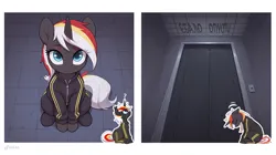 Size: 3600x2016 | Tagged: safe, ai content, derpibooru import, prompter:titkin, oc, oc:velvet remedy, unofficial characters only, pony, unicorn, fallout equestria, ai composition, clothes, elevator, female, horn, image, mare, png, prank, sitting, solo