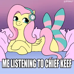 Size: 1080x1080 | Tagged: safe, artist:glompsalot, derpibooru import, part of a set, fluttershy, g4, caption, chief keef, clothes, headphones, image, jpeg, pillow, socks, text