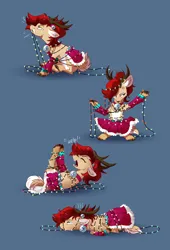 Size: 3200x4700 | Tagged: safe, artist:28gooddays, derpibooru import, oc, oc:annabell, unofficial characters only, deer, pony, angry, antlers, bell, bell collar, bells, chest fluff, christmas, christmas lights, clothes, collar, cute, ear fluff, female, grumpy, hair tie, high res, holiday, image, legwear, lying down, mare, non-pony oc, on back, outfit, png, ponytail, prone, simple background, skirt, socks, solo, tail, tail fluff, tangled up, unshorn fetlocks