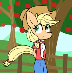 Size: 1153x1159 | Tagged: safe, artist:fenny-braixen, derpibooru import, applejack, anthro, g4, apple, apple orchard, apple tree, fence, food, image, orchard, png, solo, tree