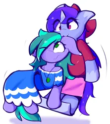 Size: 4445x5000 | Tagged: safe, artist:flopbunny, derpibooru import, oc, oc:cyanette, oc:qular, unofficial characters only, earth pony, pony, unicorn, g5, :3, belt, bow, cartoon physics, clothes, dress, duo, eye clipping through hair, flattened, flattening, floating, floppy, horn, human shoulders, image, jewelry, multicolored hair, necklace, png, shirt, skirt, smiling, squished, waving, windy