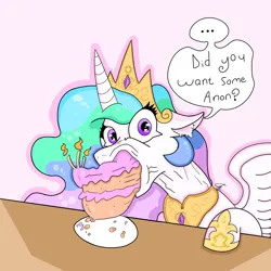 Size: 8192x8192 | Tagged: safe, artist:praise_the_sun, derpibooru import, princess celestia, alicorn, pony, g4, cake, cakelestia, candle, crown, ear fluff, female, finished version, food, horn, image, jewelry, mare, peytral, png, raised hoof, regalia, solo, wide eyes, wings