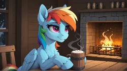 Size: 3040x1704 | Tagged: safe, ai generated, generator:yiffymix v63, prompter:klinok, rainbow dash, pegasus, pony, g4, chair, cheek fluff, chest fluff, colored eyebrows, content, ear fluff, eye reflection, female, fireplace, folded wings, half body, hooves on the table, image, indoors, mare, mug, png, reflection, sitting at table, smiling, solo, table, unshorn fetlocks, window, wings