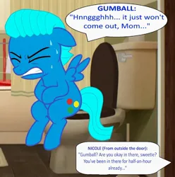 Size: 2008x2025 | Tagged: suggestive, artist:memeartboi, derpibooru import, ponified, pegasus, pony, g4, bathroom, blockage, bowel movement, but why, colt, constipated, cute, exertion, eyes closed, foal, gritted teeth, grunt, grunting, gumball watterson, hnnng, humor, image, imminent flush, implied pooping, indoors, jpeg, male, pegasus wings, pony version, pushing, sitting, sitting on toilet, solo, speech bubble, spread wings, straining, struggle, struggling, stuck, sweat, teeth, text, the amazing world of gumball, the wonderfully weird world of gumball, toilet, toilet humor, twwwog, wings