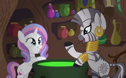 Size: 4000x2475 | Tagged: safe, artist:squipycheetah, derpibooru import, potion nova, zecora, pony, unicorn, zebra, g4, my little pony: pony life, cauldron, duo, female, filly, filly potion nova, foal, g4.5 to g4, generation leap, happy, headcanon, horn, image, mother and child, mother and daughter, png, raised hoof, smiling, zecora's hut