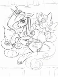 Size: 1600x2133 | Tagged: safe, artist:noodlebag, artist:wangxiang58094, derpibooru import, princess cadance, princess flurry heart, pony, g4, black and white, chest fluff, duo, eyebrows, eyebrows visible through hair, female, filly, foal, grayscale, image, jewelry, jpeg, looking at you, lying down, mare, monochrome, pillow, regalia, side, sketch, smiling, smiling at you, spread wings, wings