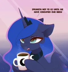 Size: 2500x2623 | Tagged: safe, artist:nnaly, derpibooru import, princess luna, alicorn, pony, series:drawing princess luna until my luna plushie arrives, g4, chromatic aberration, coffee, coffee mug, drink, gradient background, grammatical error, image, luna loves coffee, mug, png, solo, ye olde butcherede englishe, ye olde english
