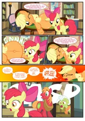 Size: 3333x4729 | Tagged: safe, artist:flash equestria photography, derpibooru import, apple bloom, applejack, big mcintosh, granny smith, earth pony, pony, fanfic, fanfic:short stories with pregnant ponies, g4, 5 panel comic, :t, apple, apple bloom's bow, apple family, apple family home, applebetes, belly, belly button, belly freckles, big belly, blank flank, bookshelf, bow, comic, commission, cute, dialogue, dishonorapple, door, doorway, ear on belly, emanata, eyes closed, fanfic art, food, frazzled, freckles, frown, gasp, grimace, hair bow, high res, horrified, image, indoors, interrogation, lamp, linea nigra, listening, looking at belly, looking at someone, lying down, nauseous, on couch, one eye closed, one eye open, onomatopoeia, open mouth, outie belly button, png, preggo jack, pregnant, rocking chair, shocked, shocked expression, shocked eyes, show accurate, sick, side, sound effects, standing, stomach noise, sweat, sweatdrops, sweating profusely, sweet apple acres, talking to each other, that pony sure does love apples, the worst possible thing, underhoof, wall of tags, yelling