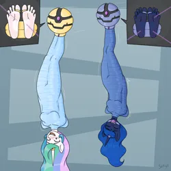 Size: 1500x1500 | Tagged: suggestive, artist:seltiox, derpibooru import, princess celestia, princess luna, alicorn, anthro, plantigrade anthro, g4, arm behind back, ballgag, barefoot, bondage, bound and gagged, breasts, captured, caught, digital art, drone, duo, duo female, encasement, feet, female, femsub, fetish, foot fetish, gag, helpless, horn, horn ring, image, jewelry, kinktober 2025, laughing, lunasub, magic suppression, mummification, mummified, peril, png, restrained, ring, simple background, skintight, soles, sublestia, submissive, tape, tickle fetish, tickle torture, tickling, tied, tied up, toe tied, toes, upside down, wrapped up, wrapping