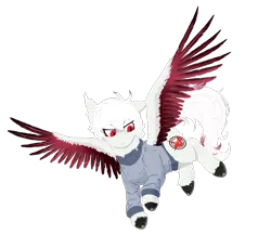Size: 1500x1300 | Tagged: safe, artist:squeezymouse, derpibooru import, oc, oc:crane favor, unofficial characters only, fluffy pony, pegasus, pony, albino, butt fluff, clothes, colored hooves, colored wings, colored wingtips, derpibooru exclusive, dirty hooves, ear fluff, eye markings, feathered tail, fluffy neck, flying, hooves, horseshoes, image, leg fluff, lineless, looking away, moon, night, no catchlights, pegasus oc, png, red eyes, red wings, simple background, spread wings, sweater, transparent background, unshorn fetlocks, unusual pupils, wings