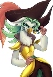 Size: 1704x2451 | Tagged: safe, alternate version, artist:kanika-png, derpibooru import, captain celaeno, queen chrysalis, anthro, bird, parrot pirates, g4, my little pony: the movie, collaboration, collaboration:meet the best showpony, disguise, disguised changeling, female, hand on hip, image, ornithian, pirate, png, simple background, smiling, smirk, solo, transparent background