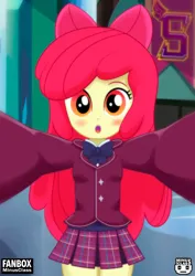 Size: 800x1131 | Tagged: safe, artist:minusclass, derpibooru import, part of a set, apple bloom, human, equestria girls, g4, 2d, apple bloom's bow, bangs, blazer, blushing, bow, bowtie, clothes, eyebrows, fanbox, female, hair bow, image, indoors, jpeg, long hair, looking at you, necktie, open mouth, pleated skirt, shadowbolts uniform, skirt, solo