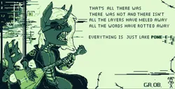 Size: 1618x828 | Tagged: safe, artist:damset, derpibooru import, oc, oc:da-mset, changeling, anarchy, balalaika, barbed wire, clothes, crossover, digital art, dust changelings, egor letov, error, eyepatch, glasses, glitch, image, jacket, leather, leather jacket, lyrics, monochrome, ms paint, musical instrument, one eye, open mouth, pixel art, png, reference, song, song reference, tambourine, text
