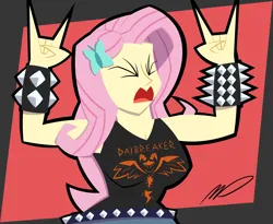 Size: 5500x4500 | Tagged: safe, artist:pres_marshmellow, derpibooru import, daybreaker, fluttershy, human, equestria girls, g4, bracelet, breasts, busty fluttershy, clothes, devil horn (gesture), eyes closed, heavy metal, image, metalshy, open mouth, png, screaming, spiked belt, spiked wristband, tanktop, wristband