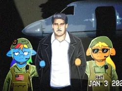 Size: 2000x1501 | Tagged: safe, artist:mareoinaddict, derpibooru import, applejack, rainbow dash, human, pony, g4, american flag, black background, clothes, current events, flag, human and pony, image, maduro, photo, plane, png, reference, simple background, soldier, static, sunglasses, trio, uniform, vehicle, venezuela