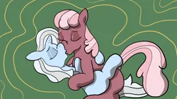 Size: 1920x1080 | Tagged: safe, artist:thecrimsondm, derpibooru import, cheerilee, trixie, earth pony, unicorn, g4, abstract background, eyes closed, female, holding each other, horn, image, kissing, lesbian, missing cutie mark, png, shipping, trixilee
