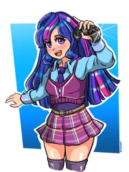 Size: 2716x3610 | Tagged: safe, artist:carpdime, derpibooru import, twilight sparkle, human, equestria girls, g4, clothes, controller, crystal prep academy uniform, human coloration, humanized, image, necktie, png, school uniform, sega, sega genesis, solo, uniform