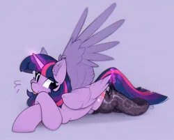 Size: 2048x1648 | Tagged: safe, artist:lerk, derpibooru import, twilight sparkle, twilight sparkle (alicorn), alicorn, pony, g4, :p, abstract background, clothes, crossed hooves, cute, ear fluff, ear tufts, emanata, female, image, jpeg, legwear, looking at you, lying down, magic, magic aura, mare, partially open wings, prone, purple background, signature, simple background, smiling, smiling at you, socks, solo, sploot, stocking meme, stocking trend, stockings, stupid sexy twilight, telekinesis, thigh highs, tongue out, twiabetes, wings