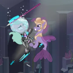 Size: 4000x4000 | Tagged: semi-grimdark, artist:akififi, derpibooru import, oc, oc:cozycurrents, pony, sea pony, armor, asphyxiation, broken, bubble, bubble helmet, coral, diving, diving helmet, diving suit, drowning, fin wings, fins, fish tail, flashlight (object), flippers (gear), helmet, image, knife, leaking, ocean, png, random pony, reaching, scuba diving, scuba gear, seaquestria, seaweed, spear, tail, underwater, water, weapon, weight belt, wetsuit, wings