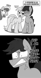 Size: 900x1700 | Tagged: safe, artist:unitxxvii, derpibooru import, bon bon, lyra heartstrings, oc, oc:anonstallion, earth pony, pony, unicorn, g4, 2 panel comic, bedroom eyes, black and white, comic, cross-popping veins, dialogue, emanata, female, grayscale, horn, image, jpeg, male, mare, monochrome, neck vein, open mouth, open smile, pinpoint eyes, smiling, stallion, trio, vein bulge