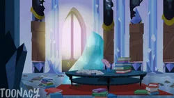Size: 7001x3938 | Tagged: safe, artist:toonacy, derpibooru import, idw, part of a set, radiant hope, crystal pony, pony, unicorn, series:future twilight, g4, g5, my little pony: tell your tale, board, boarded window, book, burnt, crepuscular rays, crystal, crystal empire, damaged, derpibooru exclusive, description is relevant, dust, fake screencap, female, frozen, g4 to g5, generation leap, headcanon, horn, i can't believe it's not hasbro studios, idw showified, image, implied flurry heart, indoors, inkwell, magic, mare, paper, part of a series, png, quill, raised hoof, ruins, scared, scroll, show accurate, shrunken pupils, solo, stack, stack of books, tapestry, watermark, wood