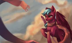 Size: 5000x3000 | Tagged: safe, artist:dacsy, derpibooru import, oc, oc:razzmatazz gleam, unofficial characters only, bat pony, hybrid, pegasus, pony, clothes, female, flying, image, png, scarf, solo