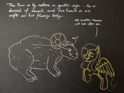 Size: 2048x1536 | Tagged: safe, artist:hoofclid, derpibooru import, fluttershy, pegasus, pony, sheep, g4, aries, constellation, dialogue, duo, female, image, jpeg, male, mare, marker drawing, open mouth, open smile, ram, smiling, traditional art