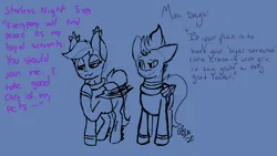 Size: 1920x1080 | Tagged: artist needed, safe, artist:multi, derpibooru import, oc, oc:multi, oc:starless night (desolator), unofficial characters only, alicorn, bat pony, hybrid, pony, undead, vampire, vampire bat pony, vampony, g4, alicorn oc, bat pony oc, bat wings, black and white, clothes, collaboration, dialogue, eyebrows, fangs, female, grayscale, hoodie, hoof on chest, horn, hybrid oc, image, implied mind control, looking down, male, mare, monochrome, plotting, png, raised eyebrow, scheming, signature, simple background, stallion, sweater, talking to each other, white background, wings