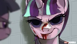 Size: 3500x2000 | Tagged: semi-grimdark, artist:ladictadora, derpibooru import, starlight glimmer, twilight sparkle, unicorn, g4, band-aid on nose, bandaid, blood, clothes, cocky, complex background, digital art, digital painting, duo, horn, image, looking at each other, looking at someone, movie reference, png, reference, signature