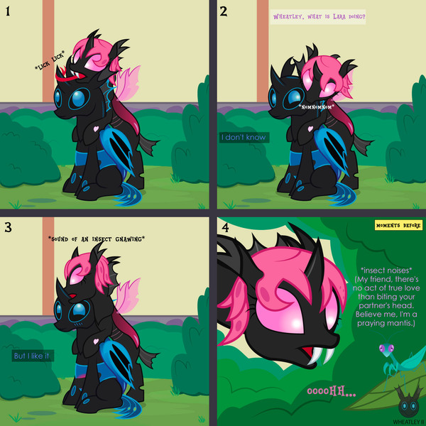 Size: 1417x1417 | Tagged: safe, artist:wheatley r.h., derpibooru import, oc, oc:lara, oc:w. rhinestone eyes, unofficial characters only, changeling, mantis, pony, 4 panel comic, backyard, bat wings, biting, blue changeling, bugs doing bug things, bush, changeling oc, comic, derpibooru exclusive, fangs, female, honeypot changeling, image, jpeg, love bite, male, mare, nom, outdoors, pink changeling, stallion, tongue out, vector, watermark, wings