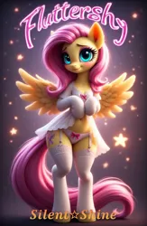 Size: 1024x1572 | Tagged: suggestive, ai generated, prompter:✞《𝑺𝒊𝒍𝒆𝒏𝒕☆𝑺𝒉𝒊𝒏𝒆》✞, fluttershy, pegasus, pony, g4, babydoll, bow, bra, breasts, cleavage, clothes, female, garter belt, garter straps, happy, image, lace, legwear, lingerie, looking at you, nightgown, panties, pink bow, pink mane, png, smiling, solo, sparkling background, spread wings, stars, stockings, teal eyes, thigh highs, thighhighs, underwear, white lingerie, white panties, white stockings, wings, yellow coat
