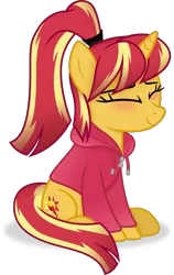 Size: 3565x5646 | Tagged: safe, artist:anime-equestria, derpibooru import, sunset shimmer, pony, unicorn, equestria girls, g4, alternate hairstyle, clothes, eyes closed, female, hoodie, horn, image, png, ponytail, simple background, sitting, smiling, solo, transparent background, vector