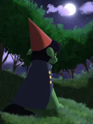 Size: 1620x2160 | Tagged: safe, artist:clericalerror, derpibooru import, oc, oc:anonstallion, unofficial characters only, earth pony, pony, black mane, bush, cape, clothes, floppy ears, forest, full moon, gnome hat, grass, green coat, image, lineless, male, moon, nature, night, orange eyes, outdoors, over the garden wall, png, solo, stallion, tree