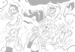 Size: 2360x1640 | Tagged: safe, artist:0rcazone, derpibooru import, apple bloom, applejack, big mcintosh, fluttershy, pinkie pie, rainbow dash, rarity, spike, twilight sparkle, bird, human, g4, ><, apple, bag, cake, eyes closed, female, food, horn, horned humanization, humanized, image, in a tree, male, mane six, onomatopoeia, png, sketch, sleeping, sound effects, sunglasses, tree, winged humanization, wings, zzz