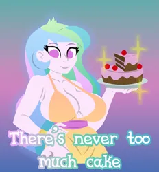 Size: 3807x4107 | Tagged: suggestive, alternate version, artist:egor418, derpibooru import, princess celestia, human, equestria girls, g4, 2d, big breasts, bracelet, breasts, busty princess celestia, cake, chocolate cake, clothes, cutie mark, cutie mark on equestria girl, cutie mark on human, cutie mark tattoo, dress, food, gradient background, hand on hip, high res, holding, image, jewelry, lineless, looking at you, magenta eyes, multicolored hair, no pupils, plate, png, principal celestia, smiling, smiling at you, sparkles, tattoo, text, that pony sure does love cakes, yellow dress