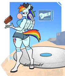 Size: 1745x2048 | Tagged: safe, alternate version, artist:aabramsart, derpibooru import, rainbow dash, anthro, pegasus, unguligrade anthro, g4, alternate clothes, baseball bat, brick, bubblegum, food, gum, image, jpeg, scout (tf2), solo, team fortress 2