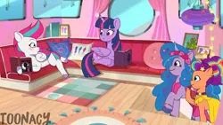 Size: 7680x4320 | Tagged: safe, artist:toonacy, derpibooru import, part of a set, izzy moonbow, sunny starscout, twilight sparkle, twilight sparkle (alicorn), zipp storm, alicorn, dragon, earth pony, pegasus, pony, unicorn, series:future twilight, g4, g5, my little pony: tell your tale, alicorn issues, alternate hairstyle, baby critters, blushing, book, bracelet, clothes, comic, couch, cute, day, derpibooru exclusive, dialogue, dress, fake screencap, female, friendship bracelet, g4 to g5, generation leap, headband, headcanon, hearts and hooves day, holiday, horn, i can't believe it's not hasbro studios, image, indoors, jewelry, lesbian, looking at each other, looking at someone, lying down, mane stripe sunny, mare, marestream, nonbinary, nonbinary zipp storm, part of a series, png, ponyloaf, prone, secret ad-mare-er, shadow spade, ship:moonscout, ship:twizipp, shipping, show accurate, shrunken pupils, the colt in crimson, unshorn fetlocks, valentine's day, watermark, wholesome