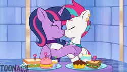 Size: 7680x4320 | Tagged: safe, artist:toonacy, derpibooru import, part of a set, twilight sparkle, twilight sparkle (alicorn), zipp storm, alicorn, pegasus, pony, series:future twilight, g4, g5, my little pony: tell your tale, alternate hairstyle, blueberry, burger, cake, cake slice, chocolate, clothes, cruise concert outfit, cucumber, cucumber sandwiches, cupcake, daffodil, daffodil and daisy sandwich, daisy (flower), date, date night, derpibooru exclusive, dinner, dress, duo, duo focus, ear piercing, earring, eyes closed, fake screencap, female, flower, folded wings, food, g4 to g5, generation leap, hay burger, headcanon, heart, hoof on shoulder, hug, i can't believe it's not hasbro studios, image, indoors, jewelry, kiss on the lips, kissing, lesbian, mare, marestream, nonbinary, nonbinary zipp storm, part of a series, piercing, plate, png, pride, pride flag, sandwich, ship:twizipp, shipping, show accurate, starlight ridge, table, toothpick, transgender pride flag, unshorn fetlocks, watermark, wholesome, wings