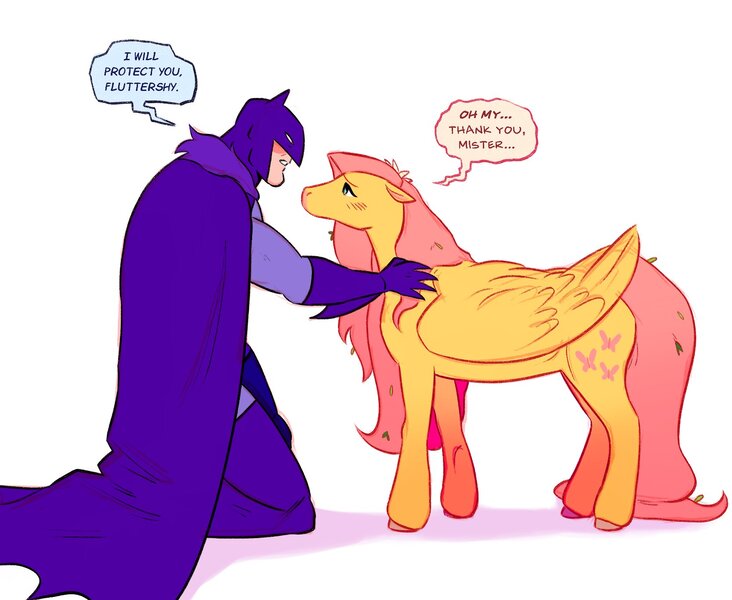 Size: 1666x1366 | Tagged: safe, artist:lovesickjoey, derpibooru import, fluttershy, human, pegasus, pony, g4, batman, blushing, cape, clothes, crossover, dc comics, dialogue, duo, female, image, jpeg, mare, speech bubble, superhero