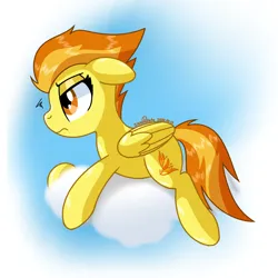 Size: 1500x1500 | Tagged: safe, artist:notadeliciouspotato, derpibooru import, spitfire, pegasus, pony, g4, cloud, emanata, female, floppy ears, folded wings, frown, image, lidded eyes, lying down, lying on a cloud, mare, on a cloud, png, profile, prone, signature, sky, solo, tired, wings