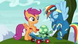 Size: 1280x720 | Tagged: safe, artist:ebotizer, derpibooru import, screencap, rainbow dash, scootaloo, tank, pegasus, pony, turtle, g4, newbie dash, image, jpeg, my little pony