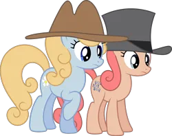 Size: 9259x7322 | Tagged: safe, artist:starryshineviolet, derpibooru import, apricot bow, cornflower, earth pony, pony, g4, the last roundup, absurd resolution, background pony, confused, duo, duo female, female, hat, image, looking down, mare, my little pony, png, raised hoof, simple background, transparent background, vector