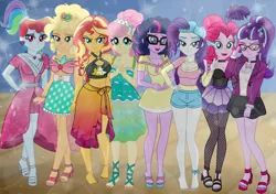 Size: 2000x1409 | Tagged: safe, artist:emeraldblast63, derpibooru import, applejack, fluttershy, pinkie pie, rainbow dash, rarity, sci-twi, sunset shimmer, twilight sparkle, human, equestria girls, g4, alternate hairstyle, applejewel, barefoot, bikini, birthday dress, clothes, commission, disguise, dress, feet, humane five, humane seven, humane six, image, looking at you, megaradash, modelshy, plainity, png, saloon dress, saloon pinkie, smiling, smiling at you, swimsuit