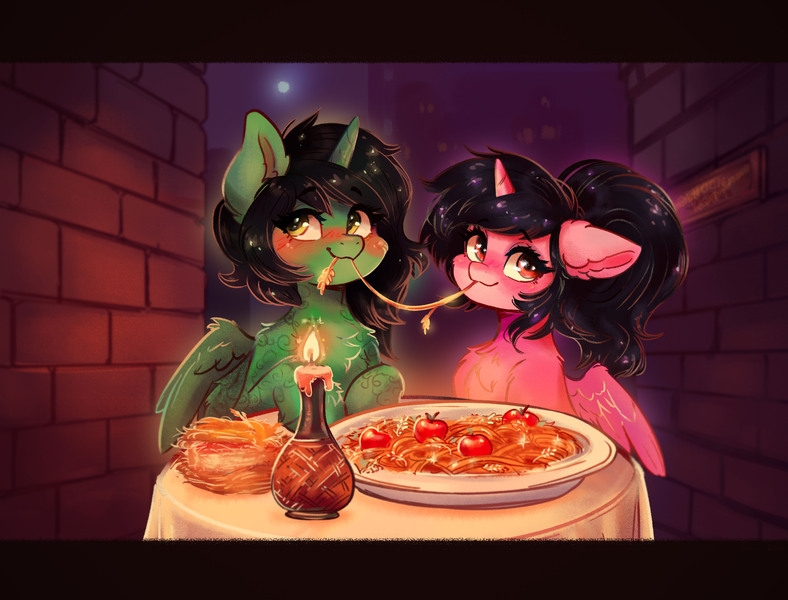 Size: 4369x3325 | Tagged: safe, artist:polnocnykot, derpibooru import, oc, unofficial characters only, alicorn, pony, alley, blushing, chest fluff, commission, dinner, eating, food, full moon, image, jpeg, moon, oc x oc, outdoors, pasta, shipping, spaghetti, ych result