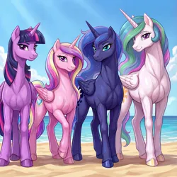 Size: 4096x4096 | Tagged: safe, ai generated, generator:nanobanana, prompter:derp621, princess cadance, princess celestia, princess luna, twilight sparkle, twilight sparkle (alicorn), alicorn, pony, g4, absurd resolution, alicorn tetrarchy, beach, female, image, jpeg, looking at you, simple background, toned, toned female