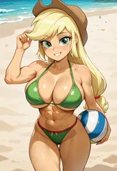 Size: 832x1216 | Tagged: suggestive, ai generated, prompter:nerothewizard, applejack, human, equestria girls, g4, abs, applejack's hat, beach, belly button, big breasts, breasts, cleavage, clothes, cowboy hat, day, female, hat, image, jpeg, looking at you, muscles, muscular female, outdoors, smiling, solo, solo female, sports, swimsuit, volleyball, water