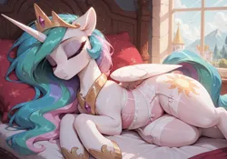 Size: 2400x1680 | Tagged: suggestive, ai generated, prompter:kuporosso, princess celestia, alicorn, pony, g4, bed, bedroom, blushing, clothes, crown, day, eyes closed, female, horn, image, indoors, jewelry, jpeg, legwear, lingerie, lying down, panties, regalia, side, solo, solo female, stockings, thigh highs, underwear, wings