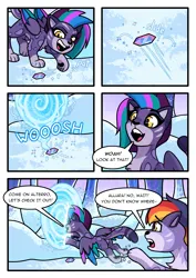Size: 2480x3508 | Tagged: safe, artist:shad0w-galaxy, derpibooru import, allura, aq bars, big cat, cat, leopard, snow leopard, g5, my little pony: tell your tale, leak, alterro, brother and sister, chest fluff, comic, comic page, dialogue, duo, fangs, female, flashback, folded wings, frozen north, high res, i can't believe it's not idw, image, kitten, kitten allura, kitten alterro, male, nova charm, onomatopoeia, open mouth, outdoors, partially open wings, path to skyros, paws, png, portal, reunited (episode), siblings, snow, speech bubble, tree, wings, winter, younger
