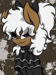 Size: 1283x1711 | Tagged: safe, artist:kucapon, derpibooru import, oc, oc:brown sugar, unofficial characters only, earth pony, pony, black shirt, brown eyes, brown fur, fanart, female, female oc, frills, image, mare, mare oc, outfit, png, ponytail, simple background, solo, solo female, tail, white dot, white hair, white tail